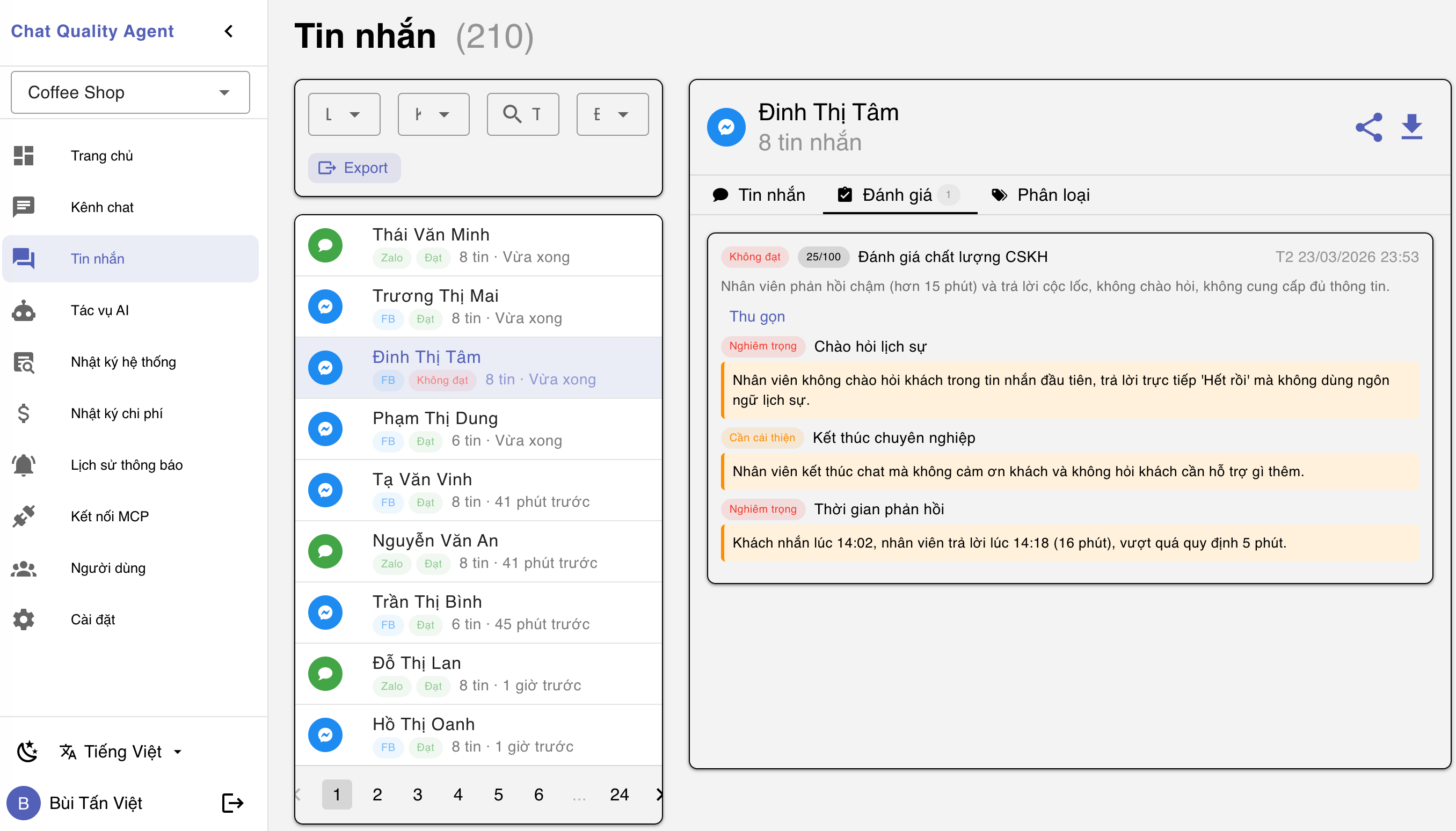 Chi tiết tin nhắn + đánh giá