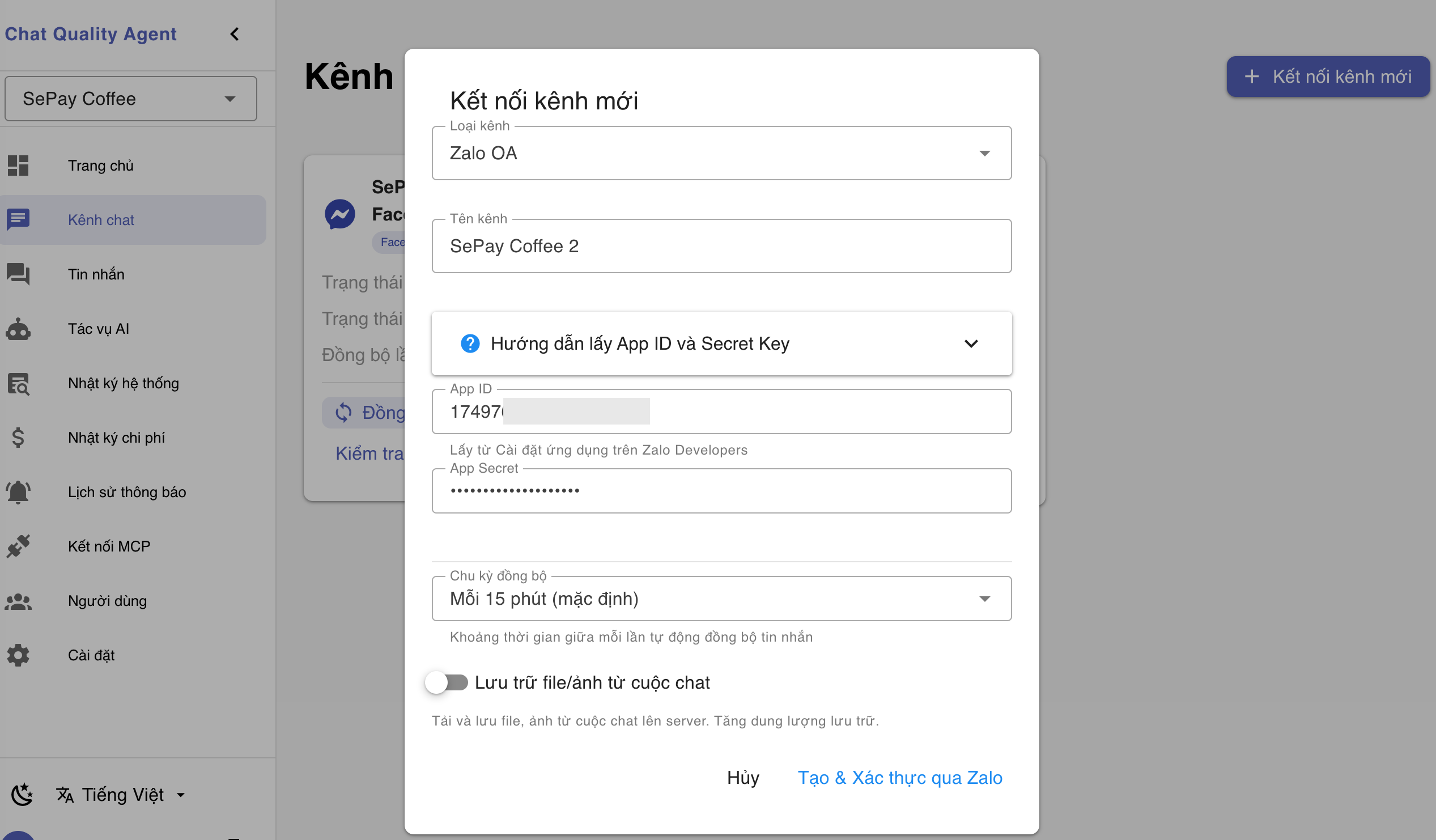 Form kết nối trên CQA
